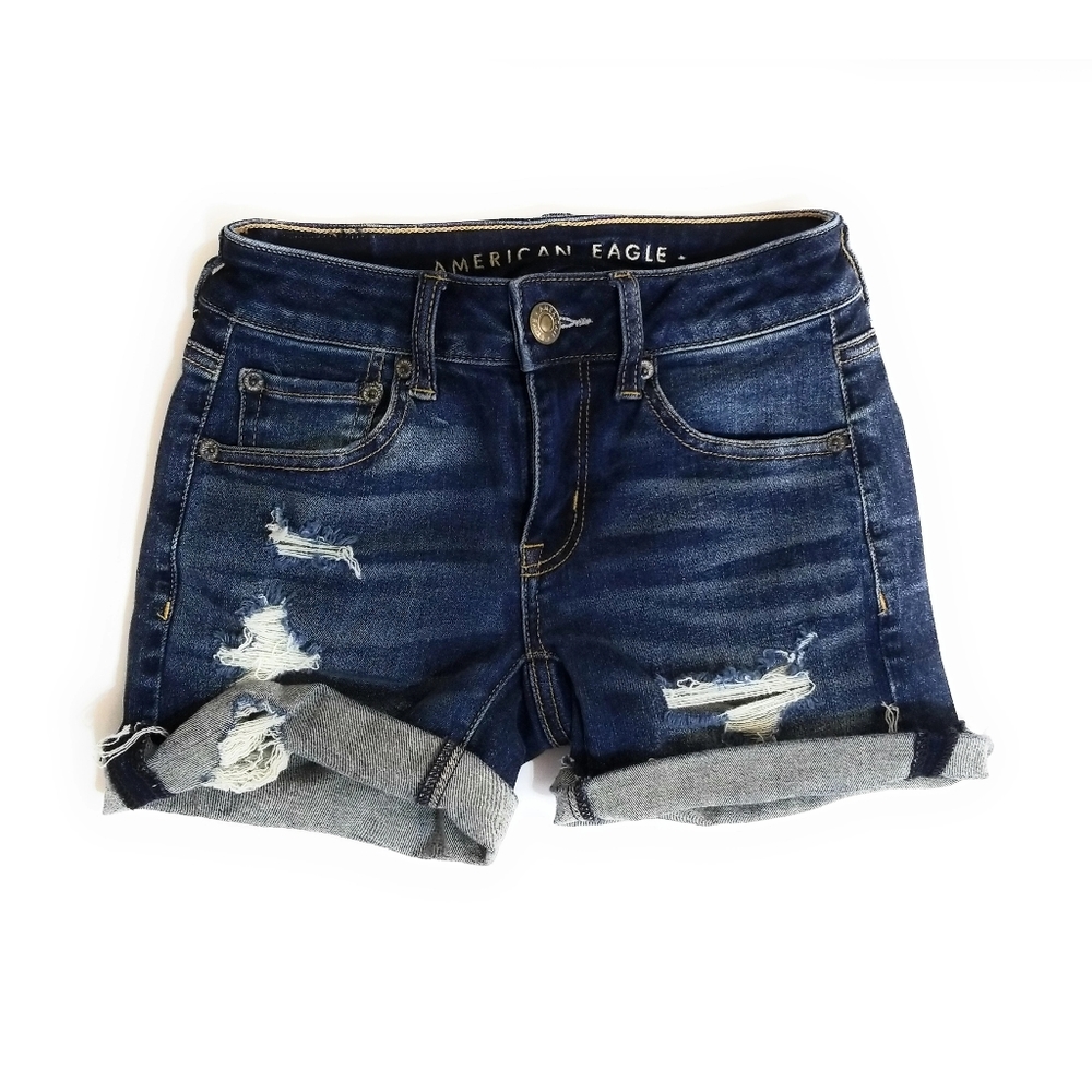 AMERICAN EAGLE Womens Teen Dark Wash Distressed Midi Shorts Size 00